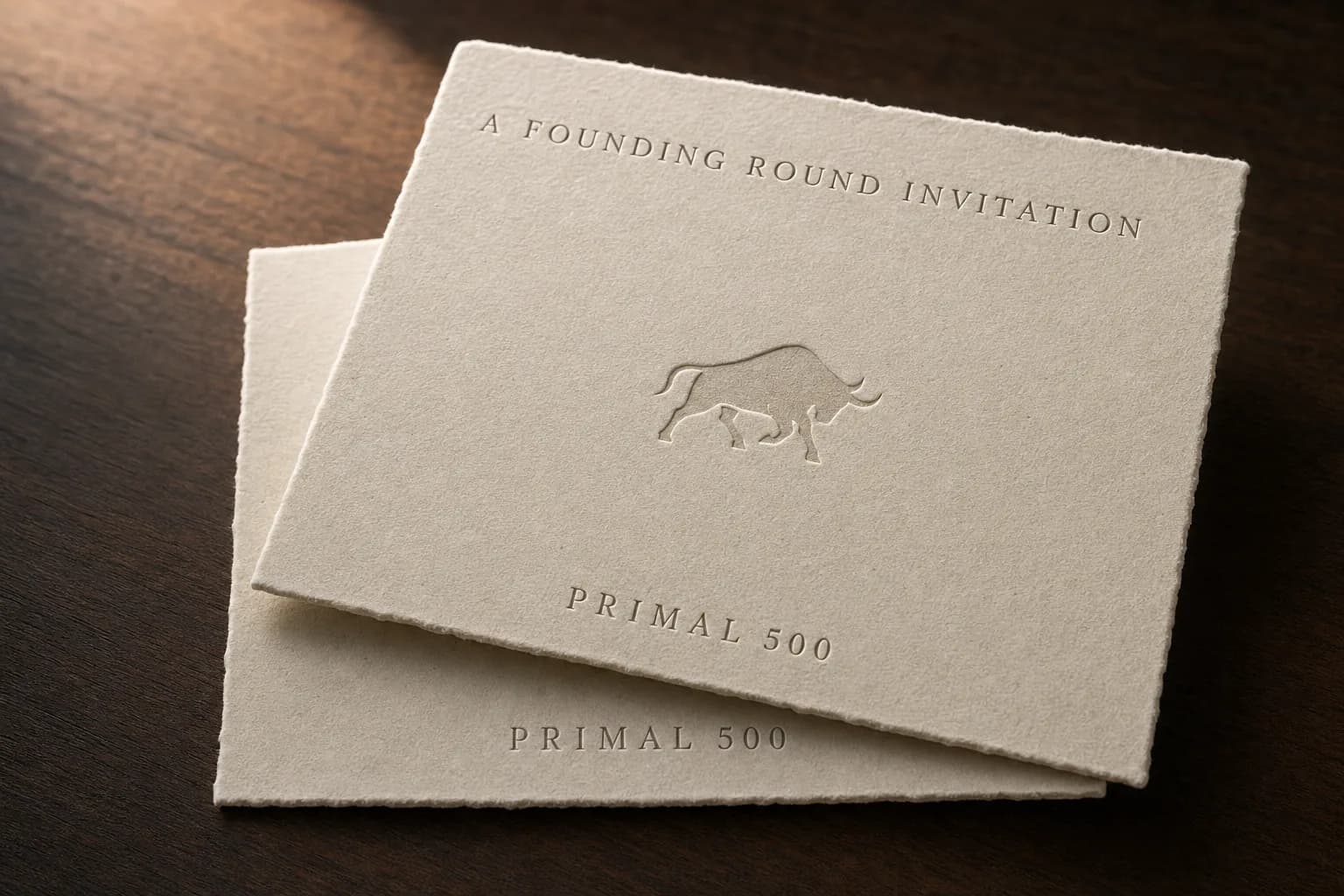 Two cream letterpress founding-round invitation cards on a dark wood surface.