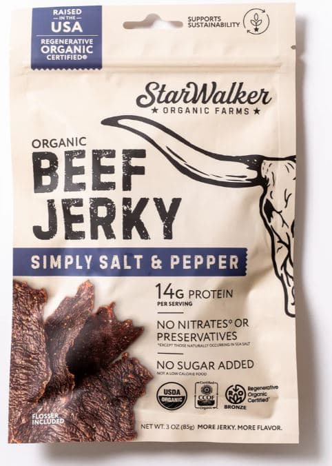 Organic beef jerky in a Primal 500 bag.