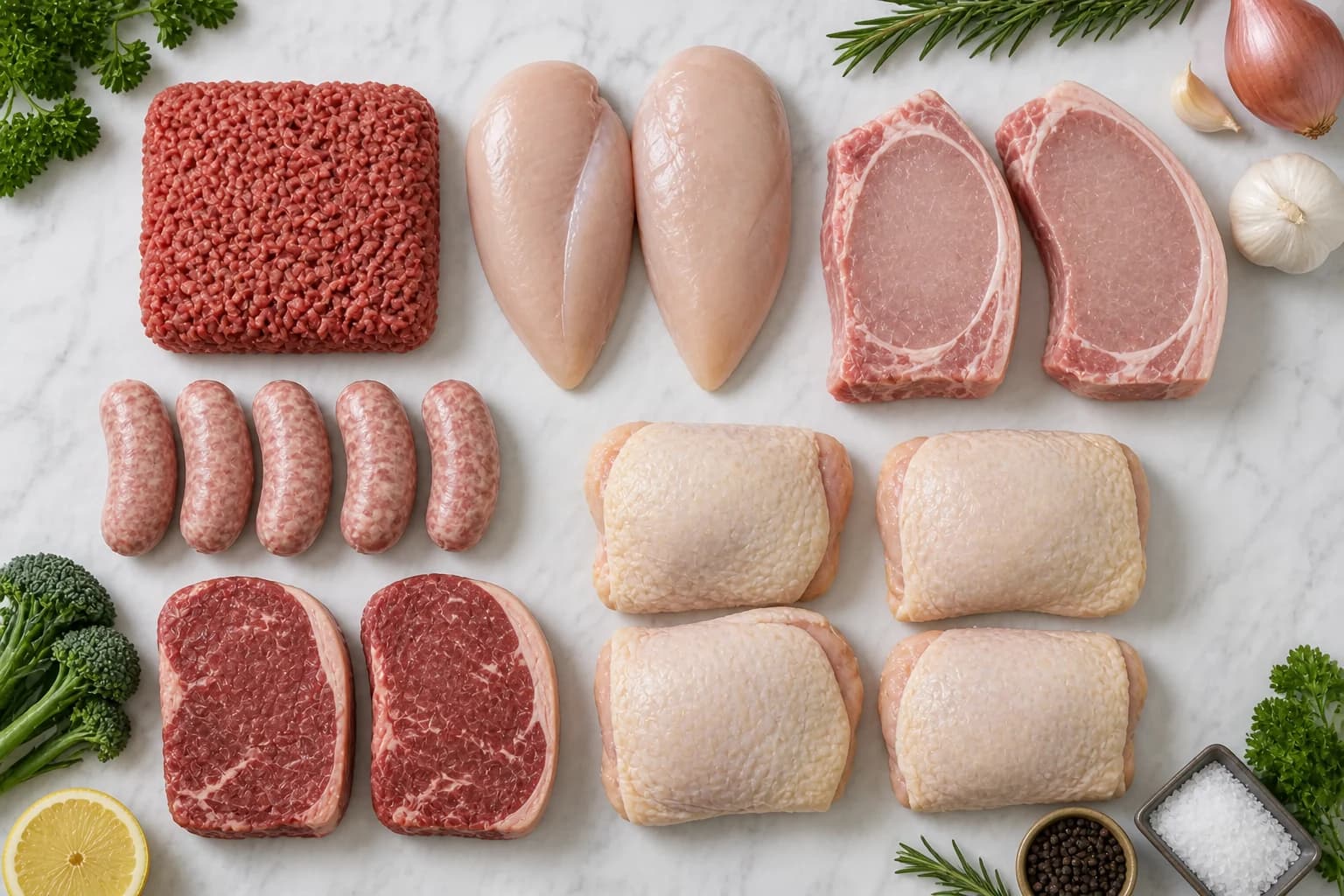 An example selection of beef, chicken and pork cuts