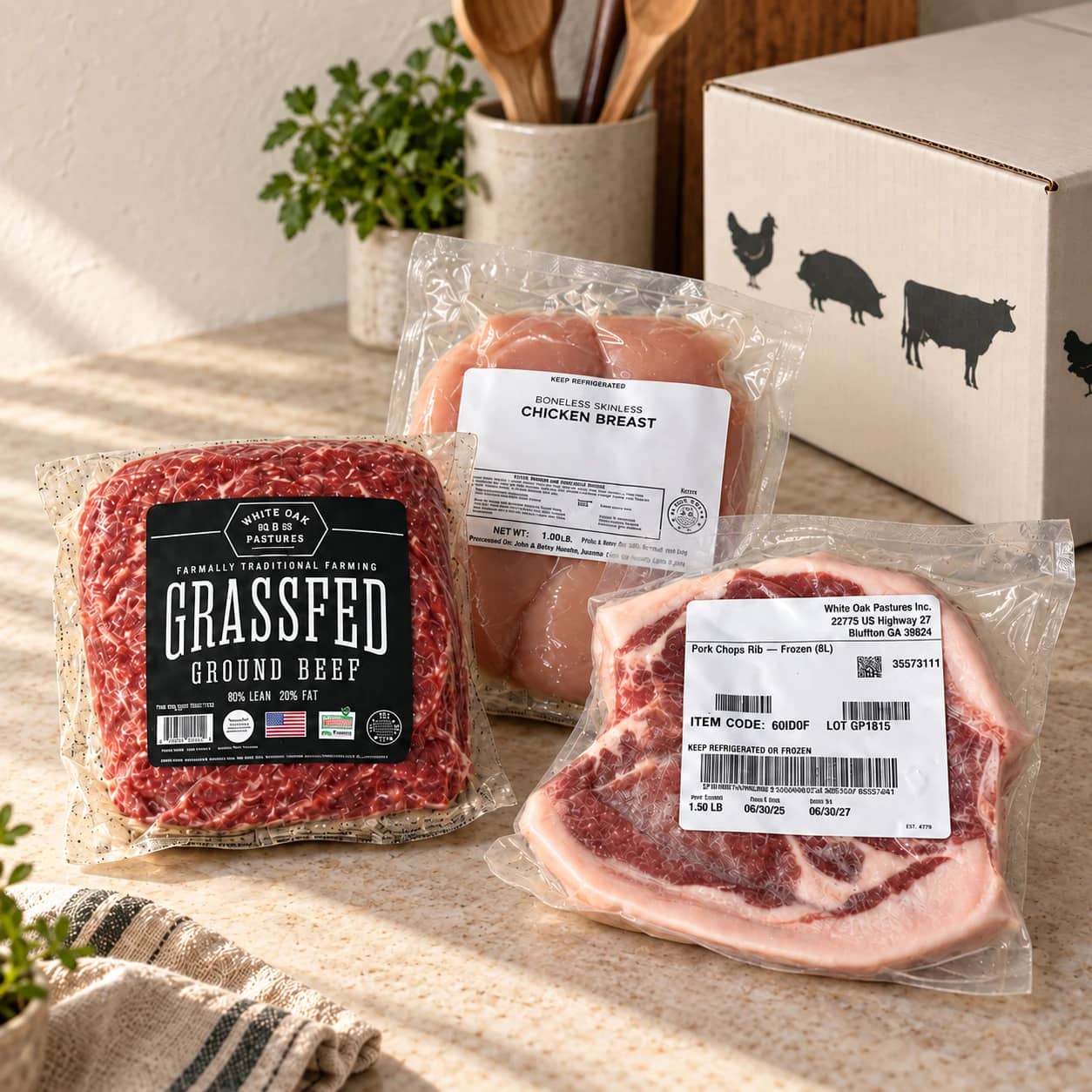 Packed beef, chicken and pork cuts beside a delivery box