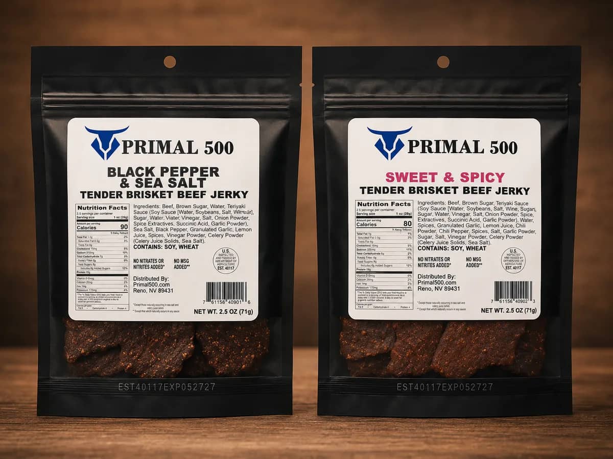 Primal's two beef jerky flavors, shown in their original packaging