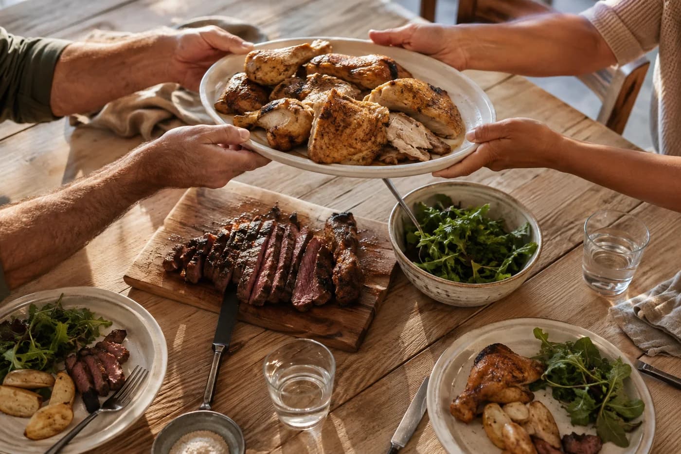 An illustrative shared dinner of roast chicken and grilled steak