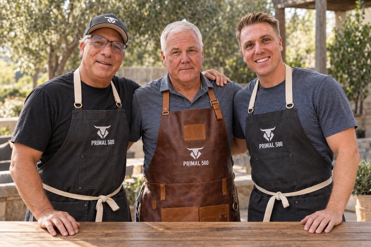 Chris, Harry and Spencer together wearing Primal 500 aprons